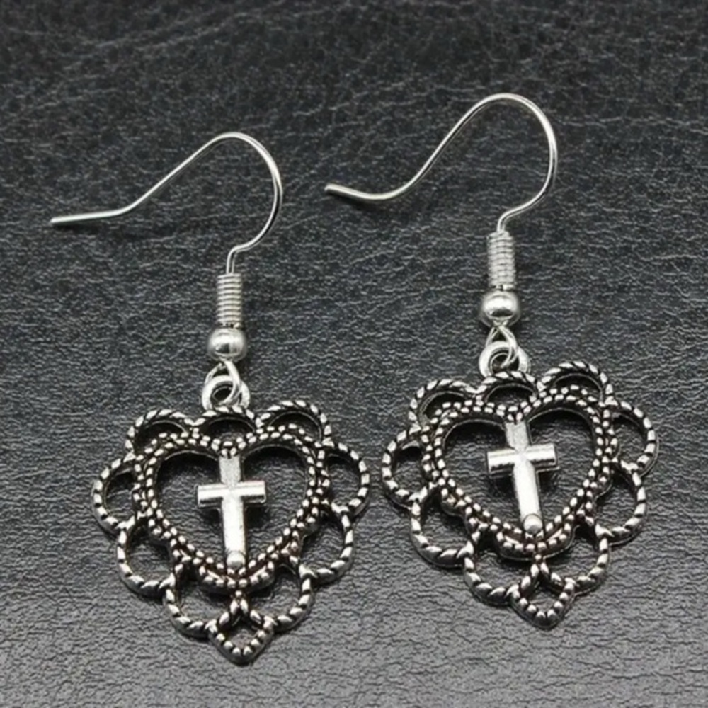 Elegant Silver Heart Cross Earrings